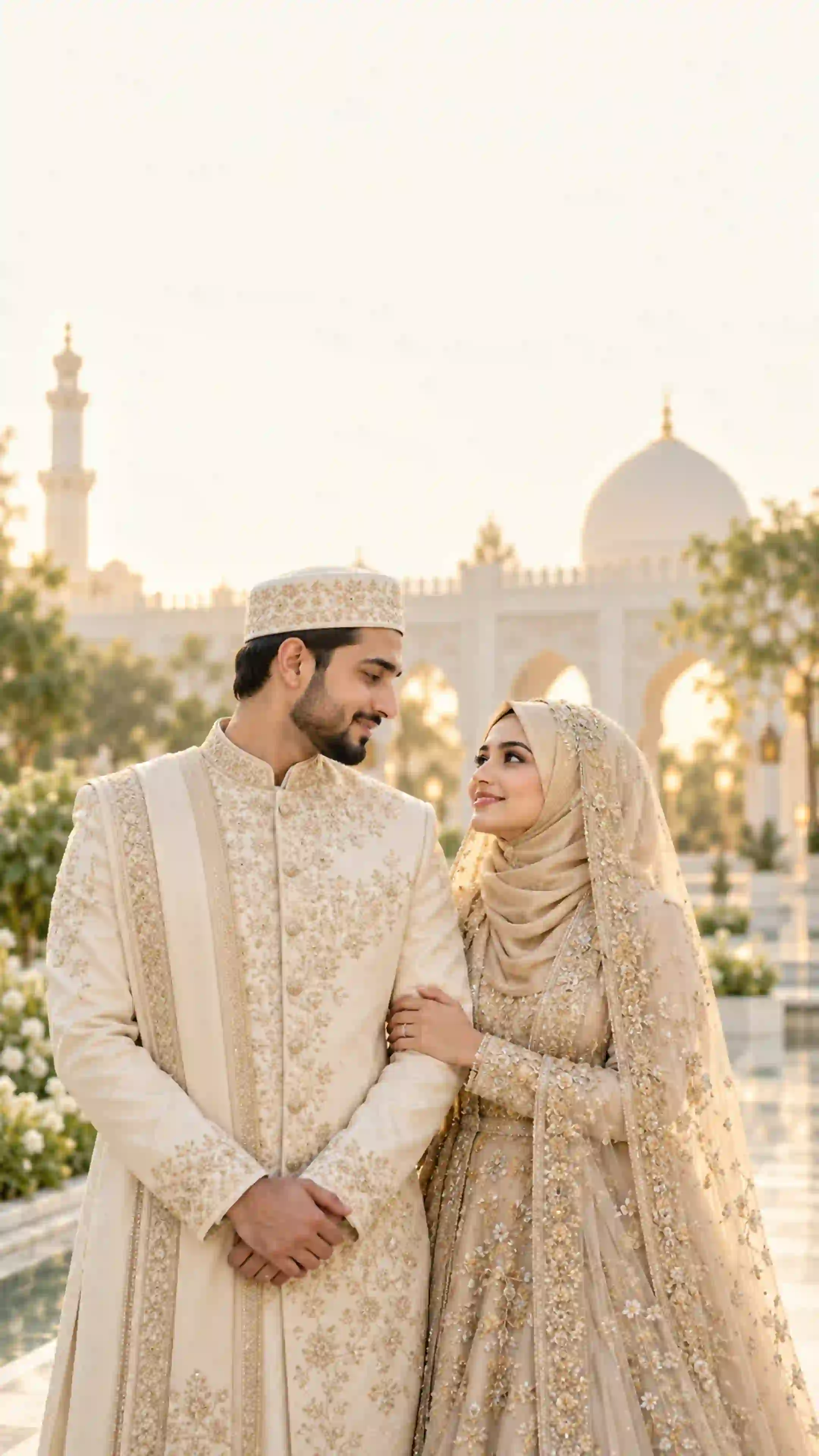 A Muslim bride and groom sharing a warm moment