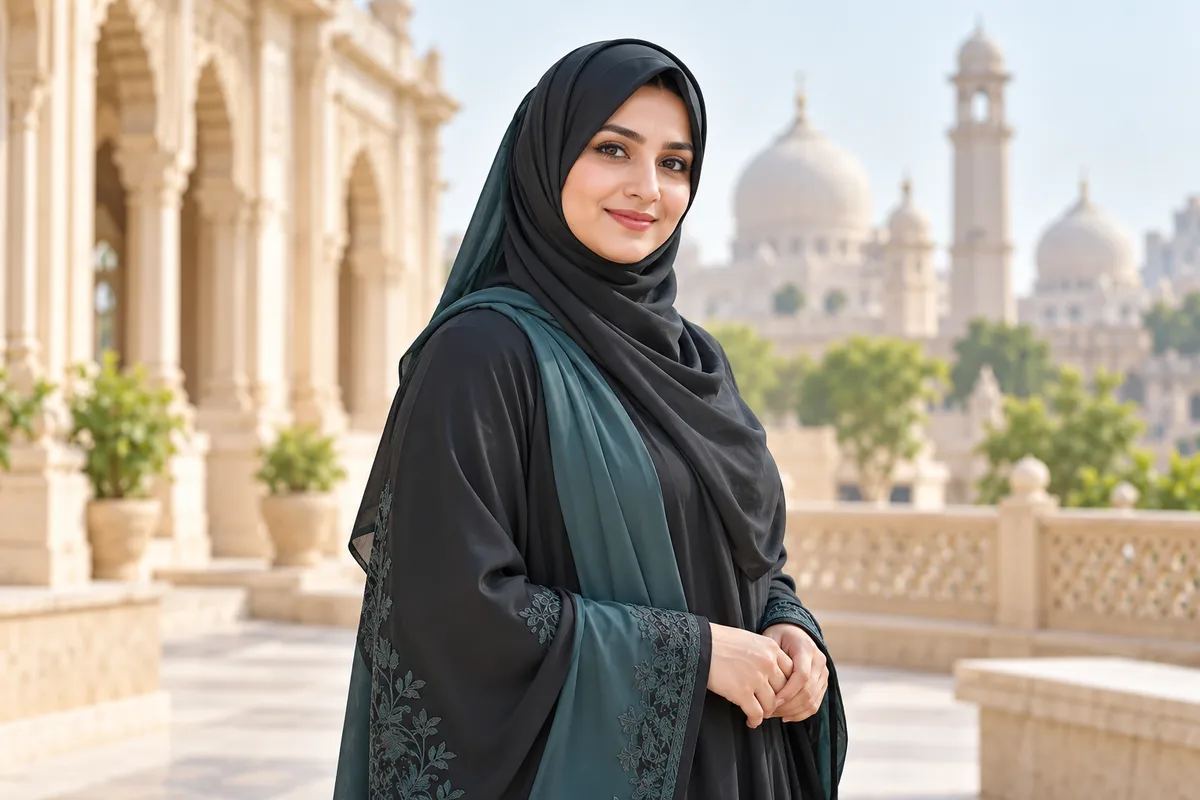 Muslim woman in modest traditional attire — representative bridal banner