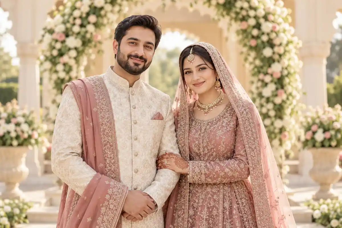 Muslim couple in traditional attire — representative marriage banner