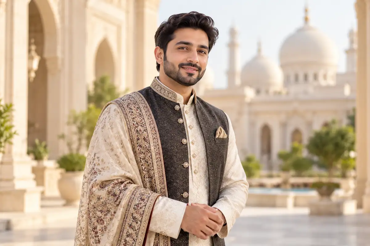 Muslim man in traditional wedding attire — representative groom banner