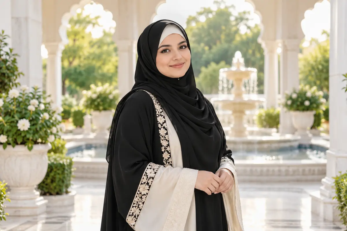Muslim woman in modest traditional attire — representative bridal banner