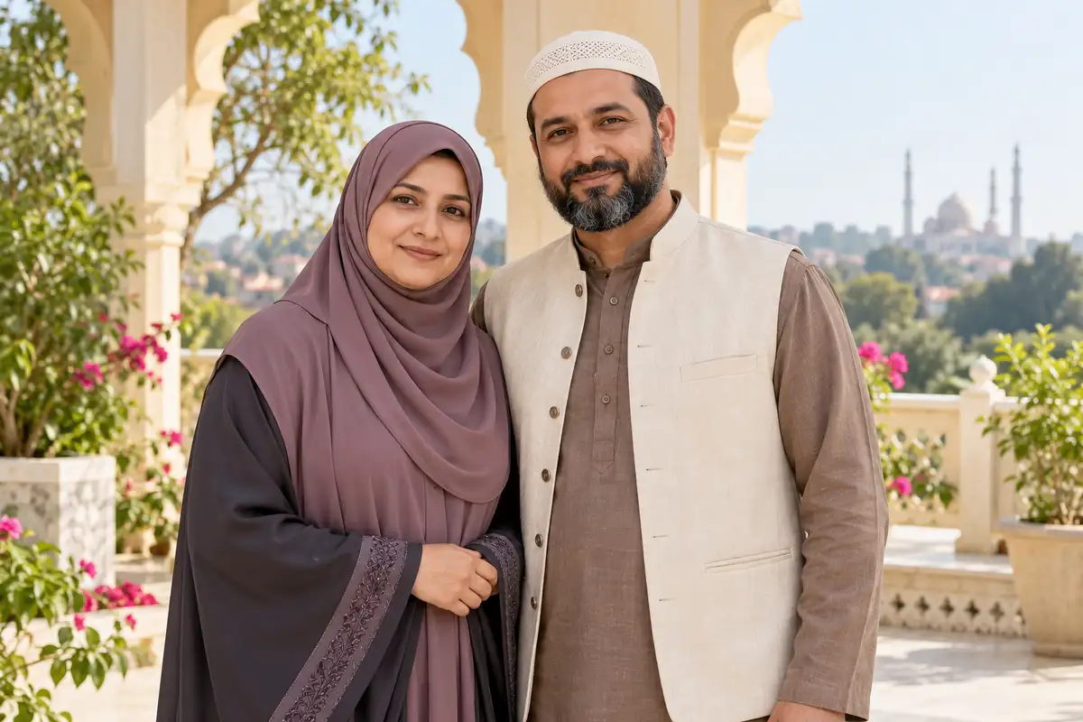 Muslim couple in traditional attire — representative marriage banner