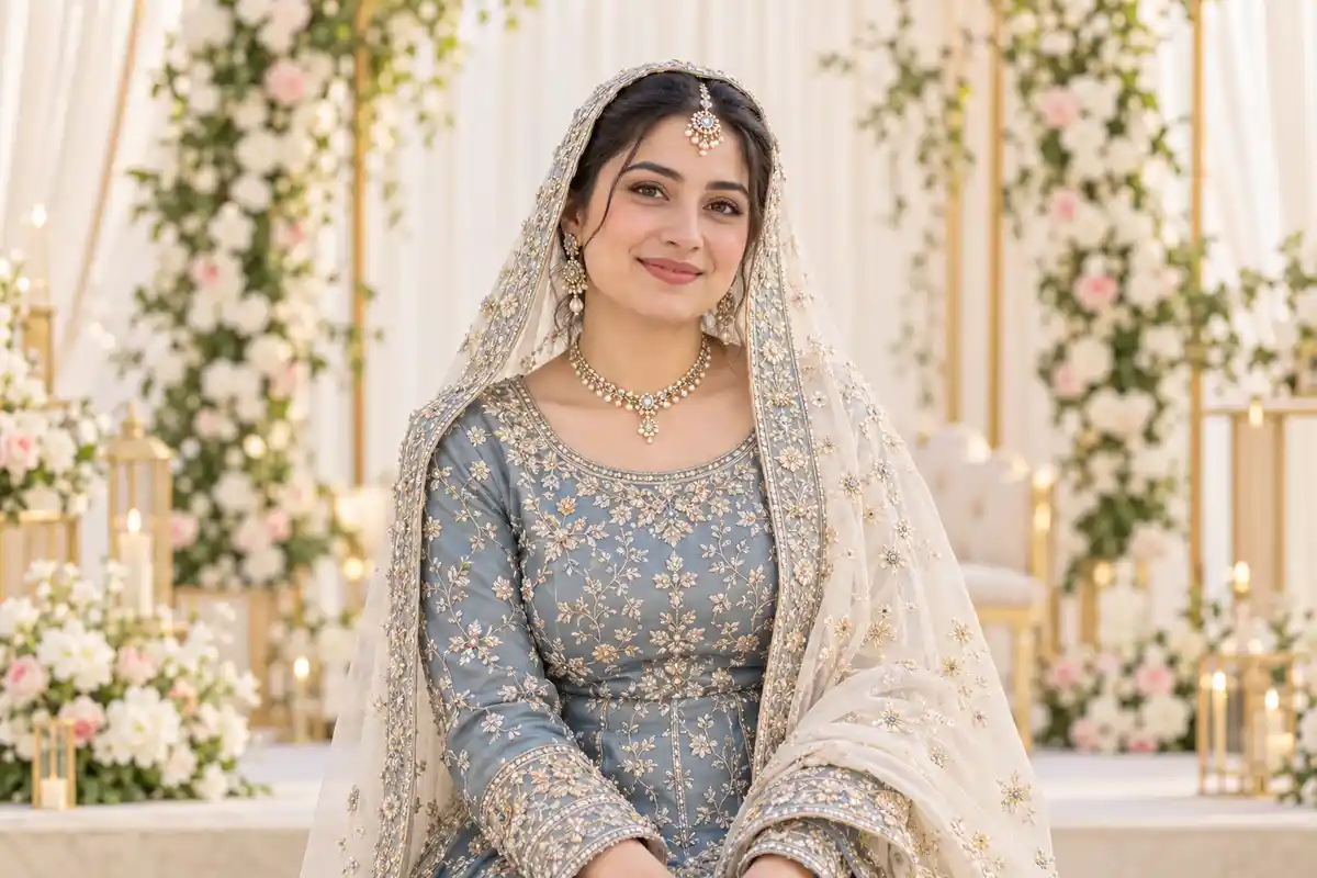 Muslim woman in modest traditional attire — representative bridal banner
