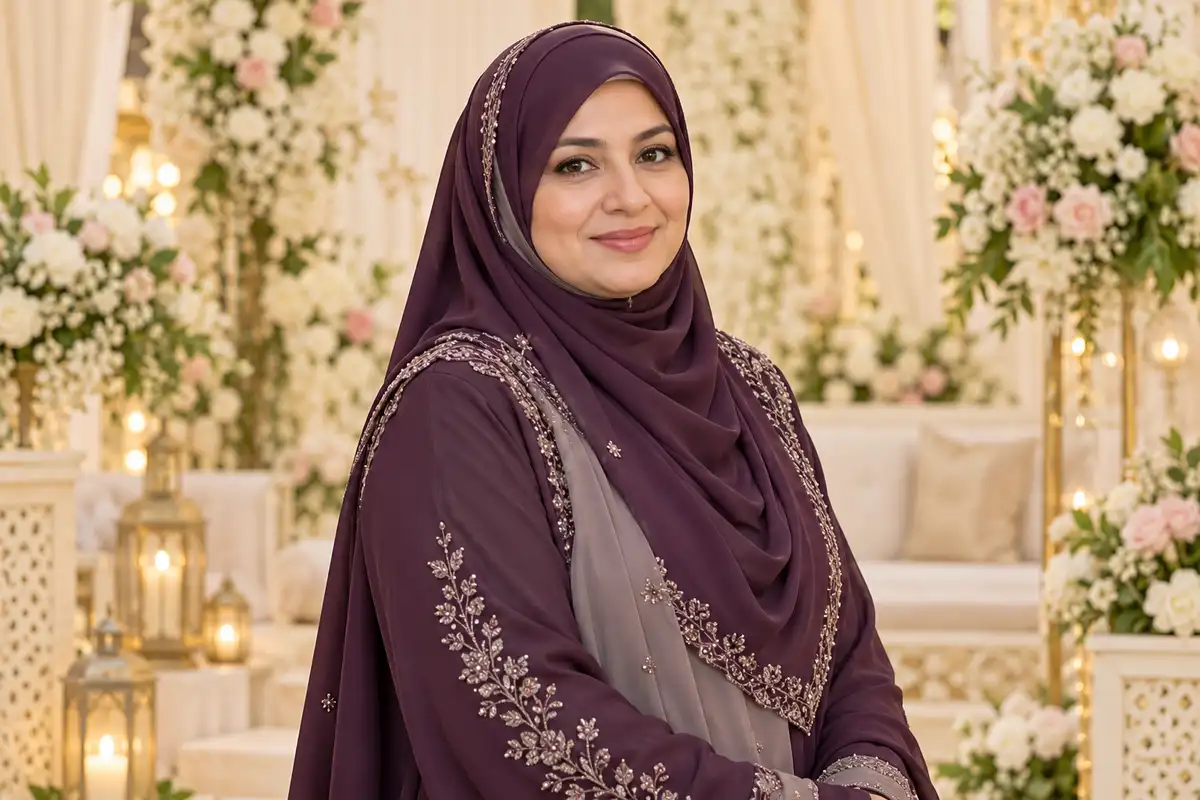Muslim woman in modest traditional attire — representative bridal banner