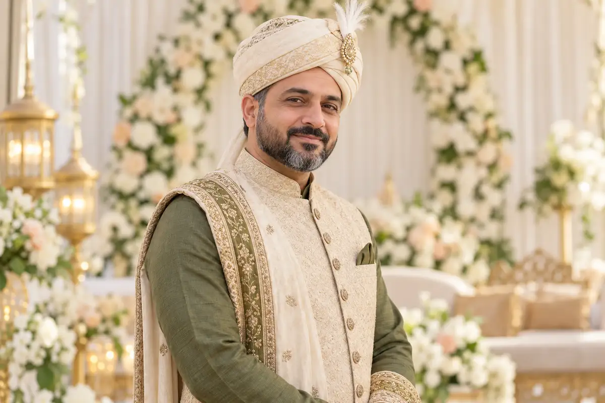 Muslim man in traditional wedding attire — representative groom banner