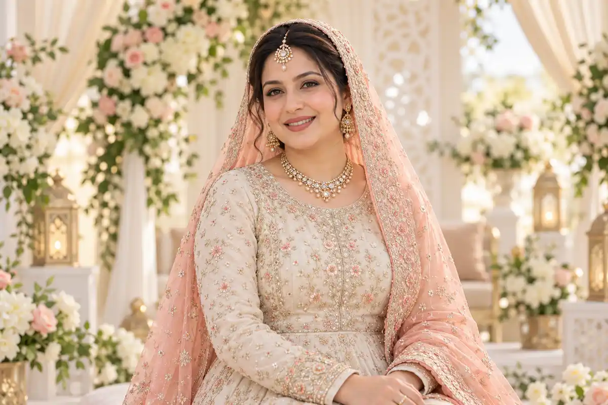 Muslim woman in modest traditional attire — representative bridal banner
