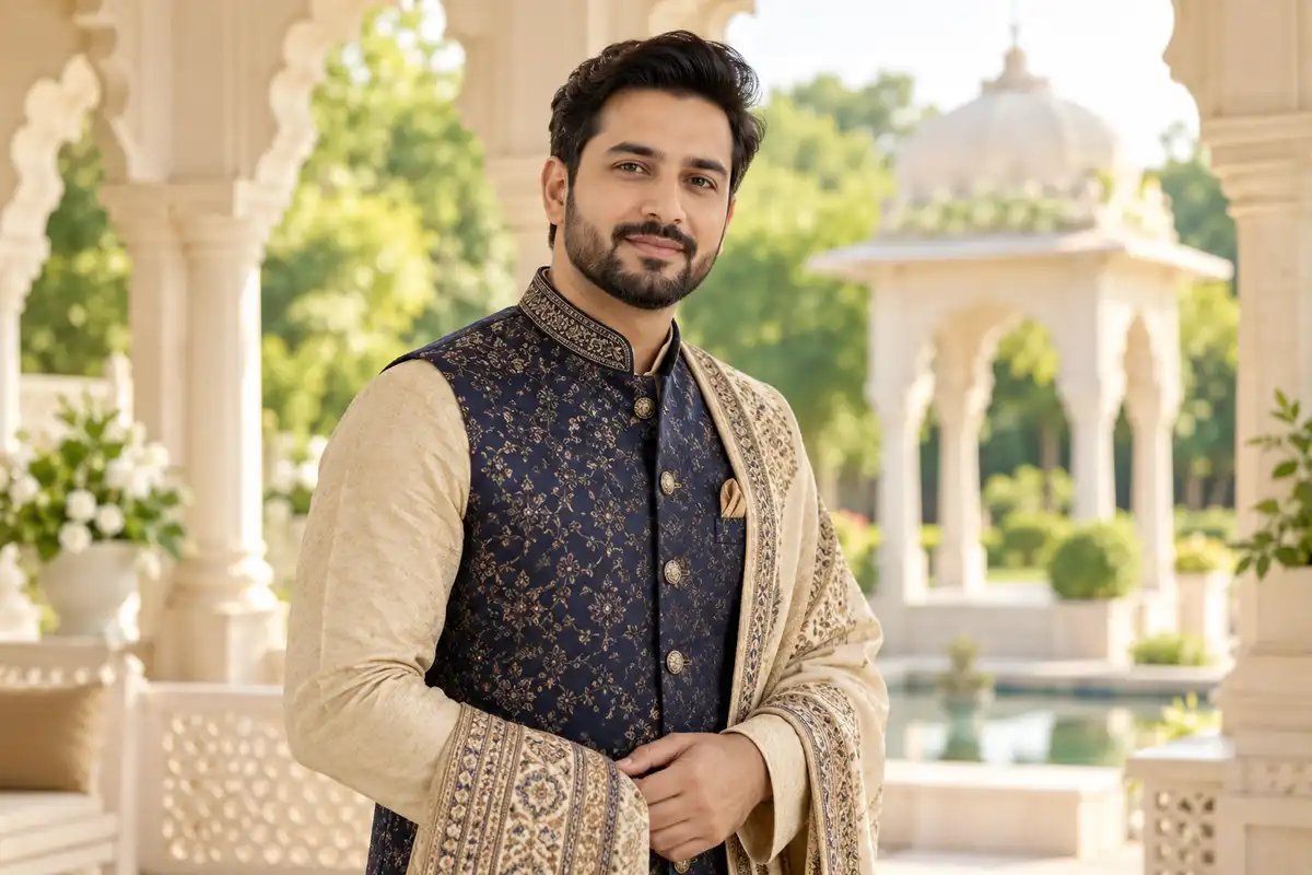 Muslim man in traditional wedding attire — representative groom banner