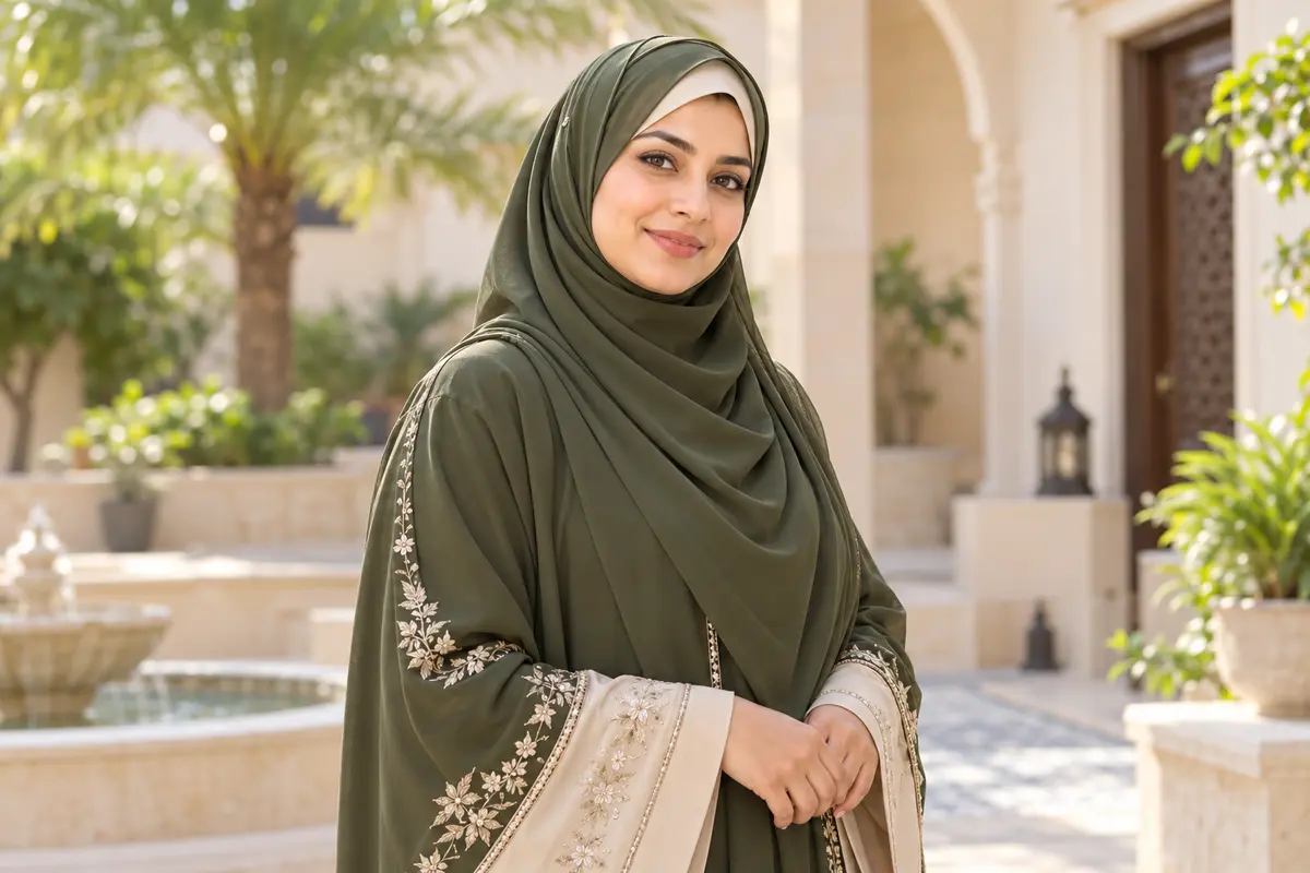 Muslim woman in modest traditional attire — representative bridal banner