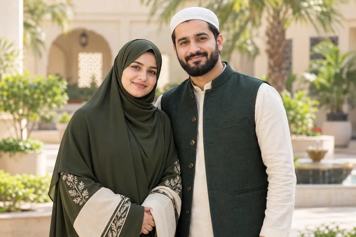 Muslim couple in traditional attire — representative marriage banner