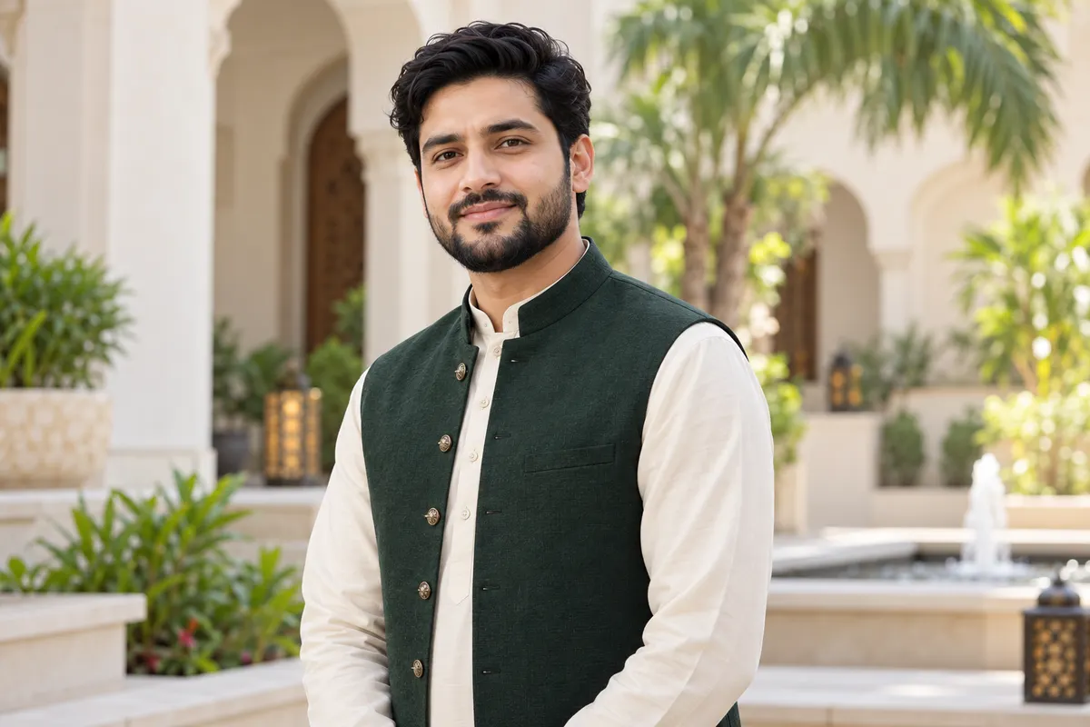 Muslim man in traditional wedding attire — representative groom banner