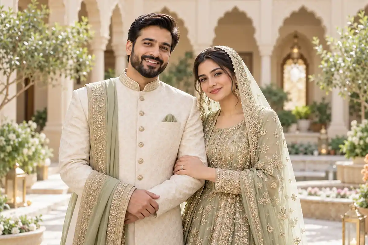 Muslim wedding couple in traditional attire — representative matrimony banner