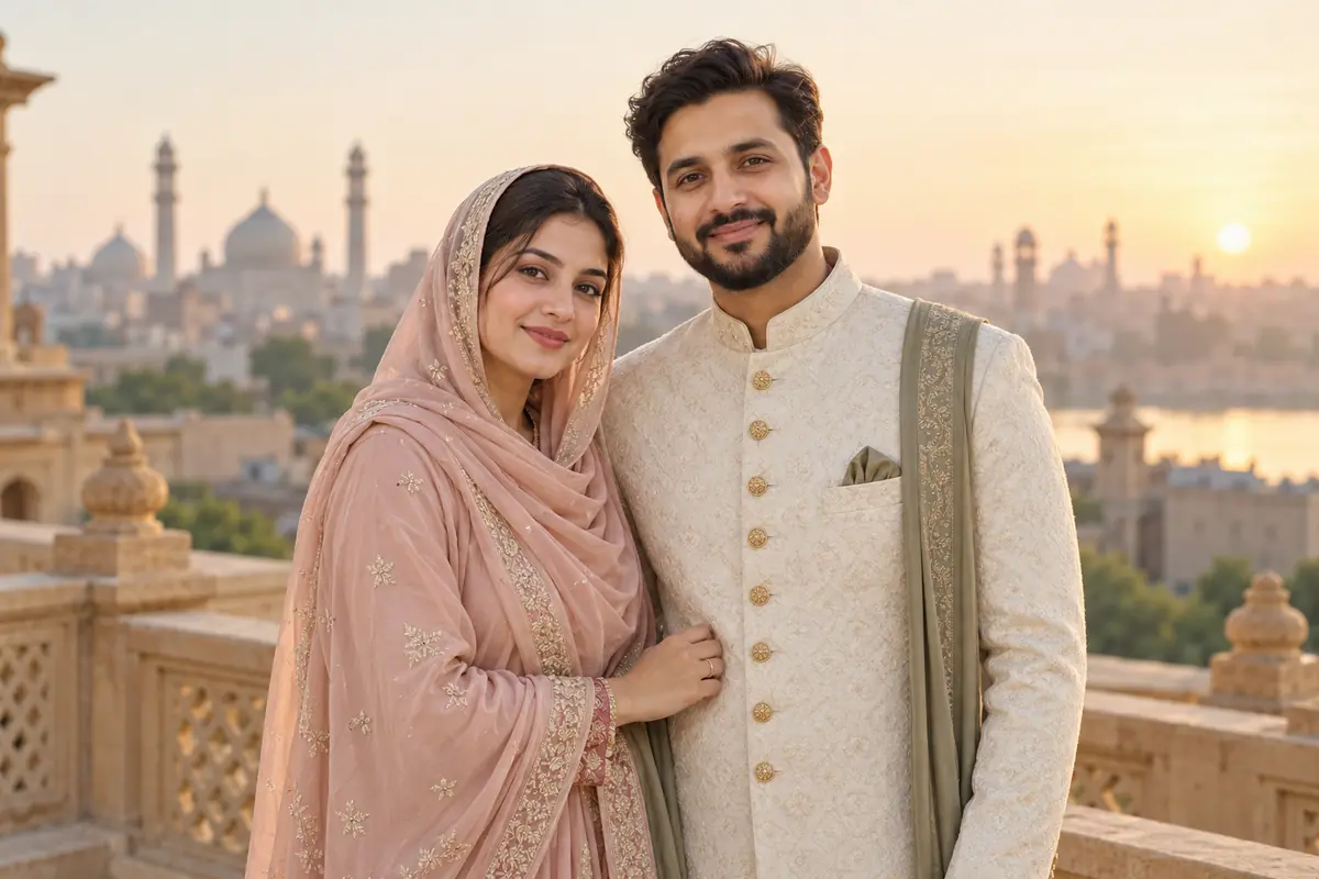 Muslim wedding couple in traditional attire — representative matrimony banner