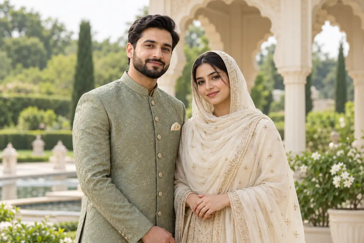 Muslim wedding couple in traditional attire — representative matrimony banner