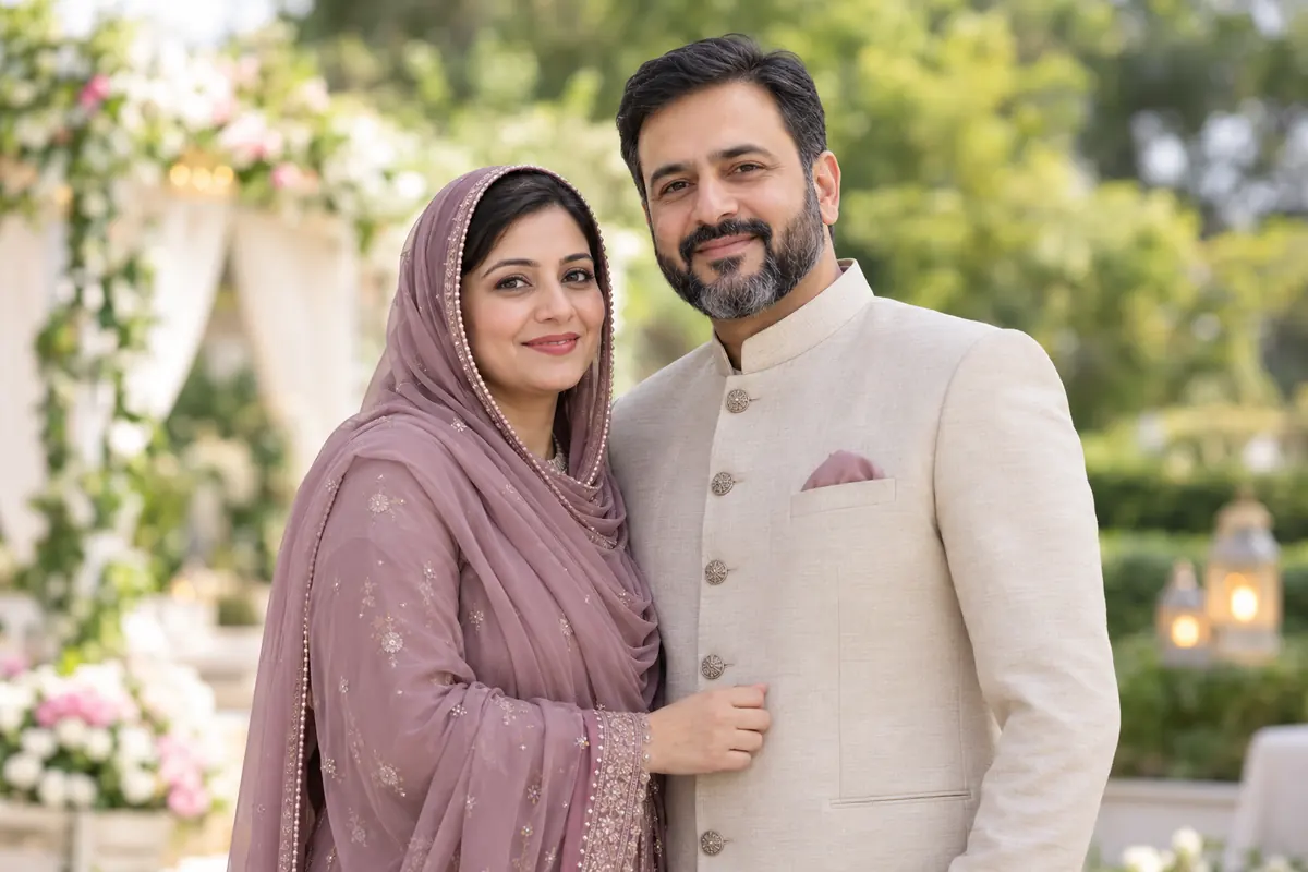 Muslim wedding couple in traditional attire — representative matrimony banner