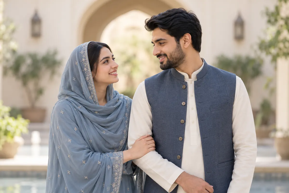 Muslim wedding couple in traditional attire — representative matrimony banner