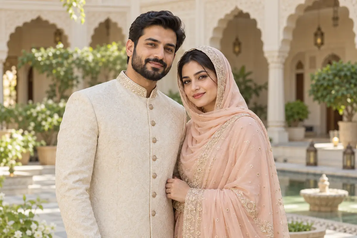 Muslim wedding couple in traditional attire — representative matrimony banner