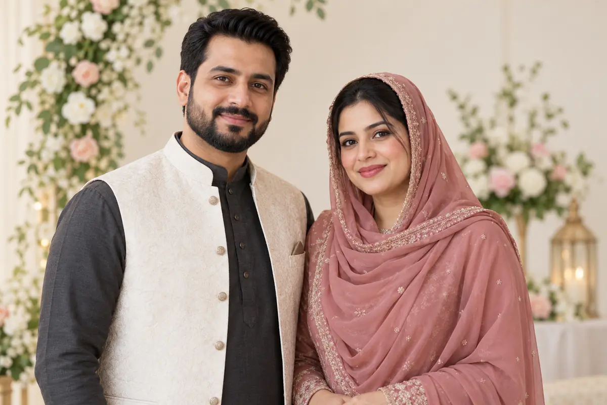 Muslim wedding couple in traditional attire — representative matrimony banner